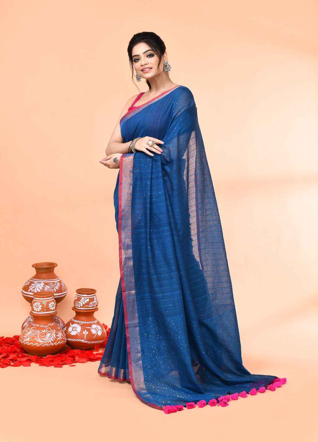 Piyari Fashion Women`s Cotton Handloom Deep Turquoise Sequin Saree With Blouse | Grocsy