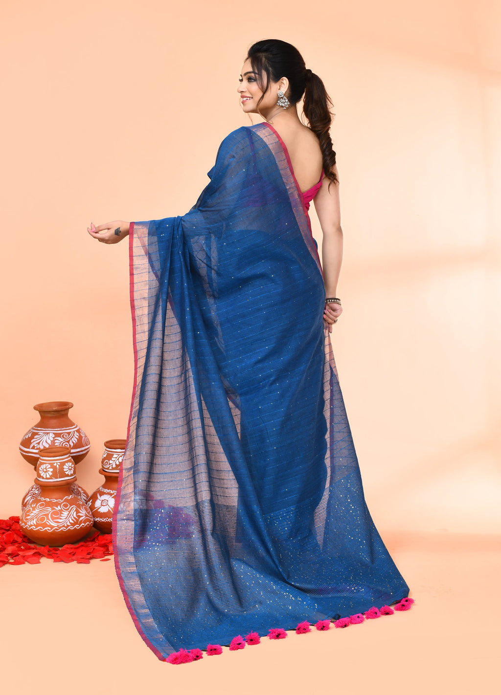 Piyari Fashion Women`s Cotton Handloom Deep Turquoise Sequin Saree With Blouse | Grocsy
