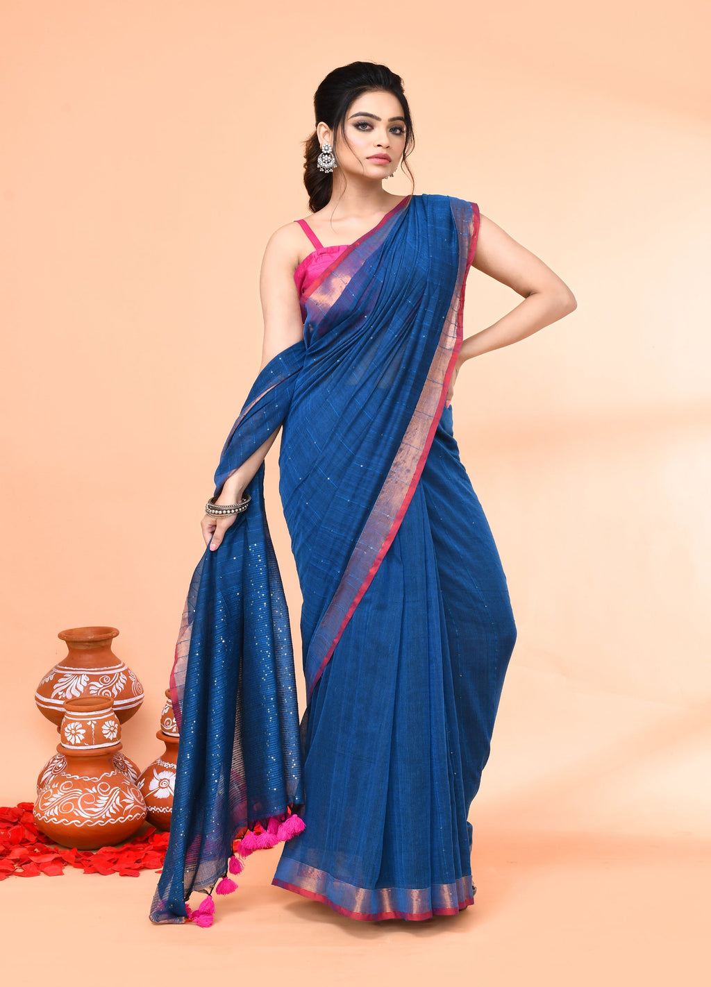 Piyari Fashion Women`s Cotton Handloom Deep Turquoise Sequin Saree With Blouse | Grocsy