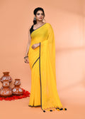 Piyari Fashion Yellow Mulmul Cotton Saree With Tassels | Grocsy