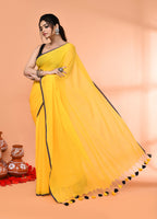 Piyari Fashion Yellow Mulmul Cotton Saree With Tassels | Grocsy