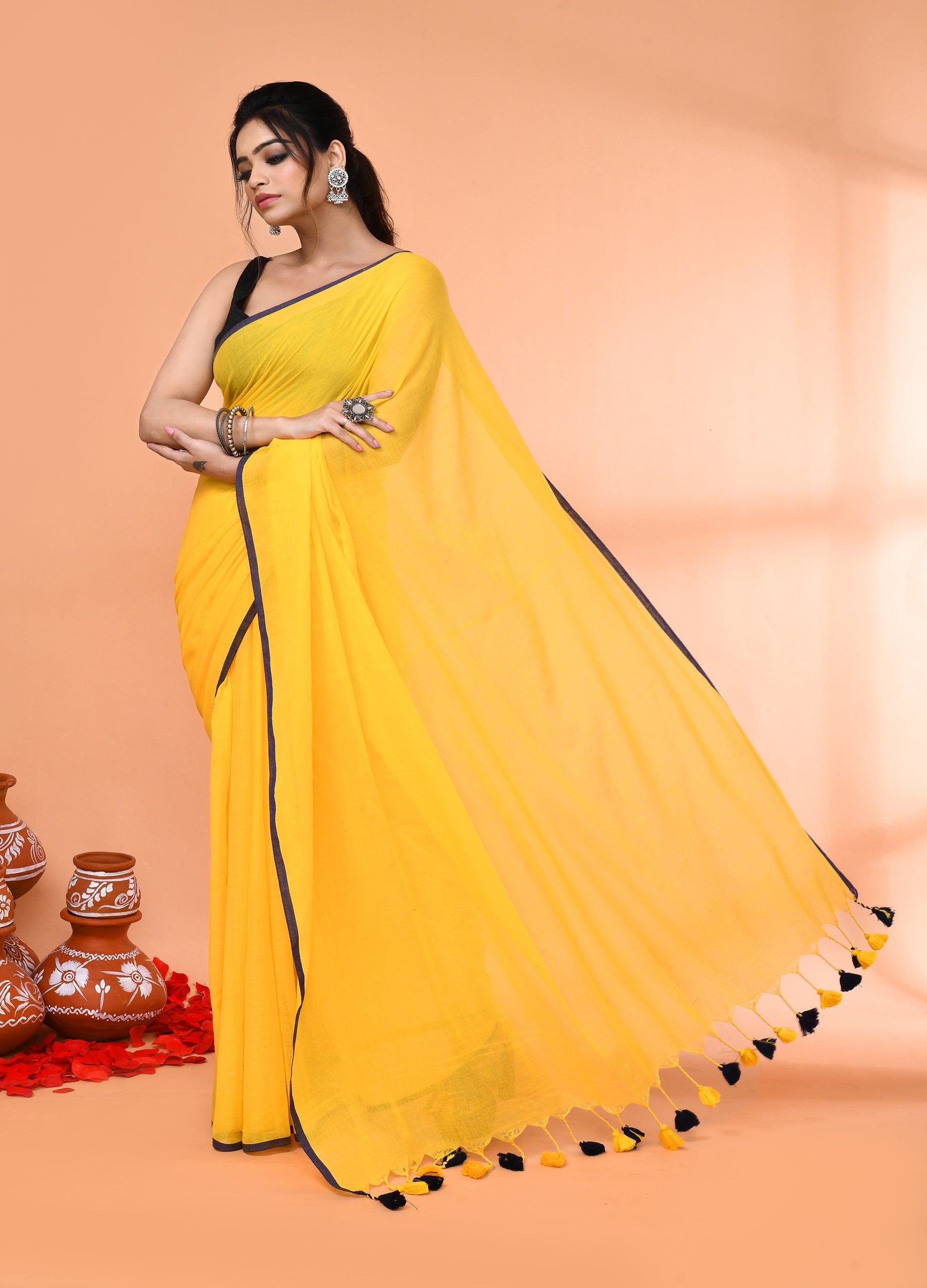Piyari Fashion Yellow Mulmul Cotton Saree With Tassels | Grocsy