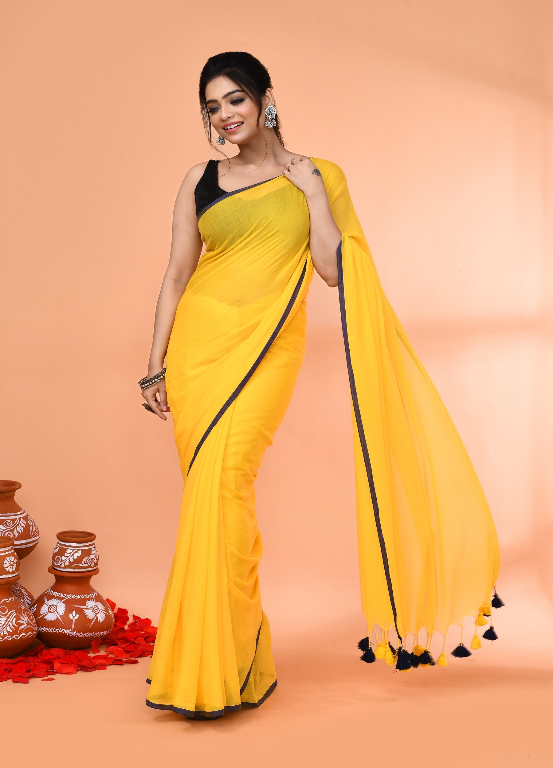 Piyari Fashion Yellow Mulmul Cotton Saree With Tassels | Grocsy