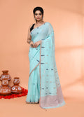 Piyari Fashion Women`s Light Sky Blue Cotton Handloom Jamdani Saree With Blouse | Grocsy