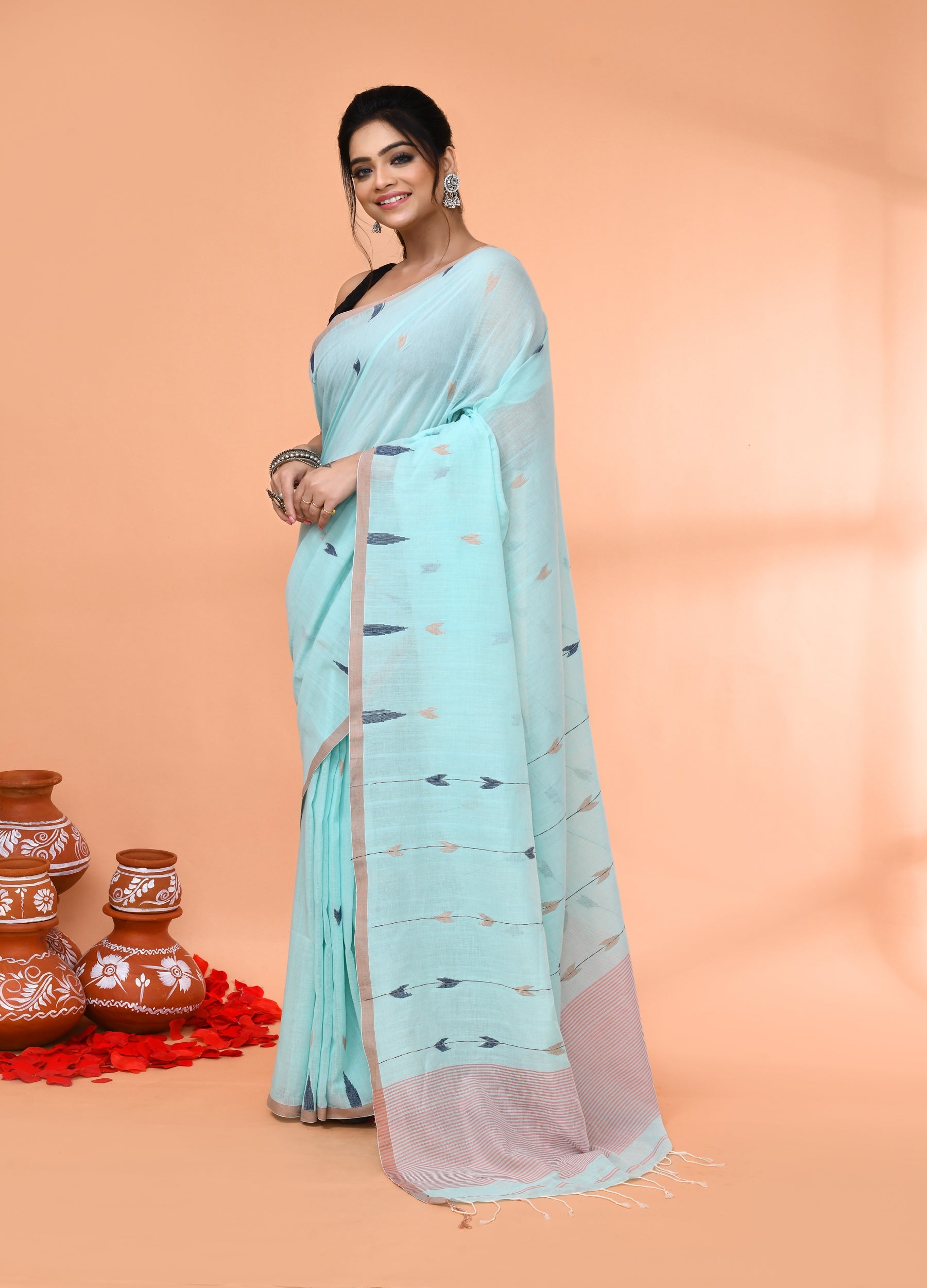Piyari Fashion Women`s Light Sky Blue Cotton Handloom Jamdani Saree With Blouse | Grocsy