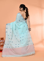 Piyari Fashion Women`s Light Sky Blue Cotton Handloom Jamdani Saree With Blouse | Grocsy