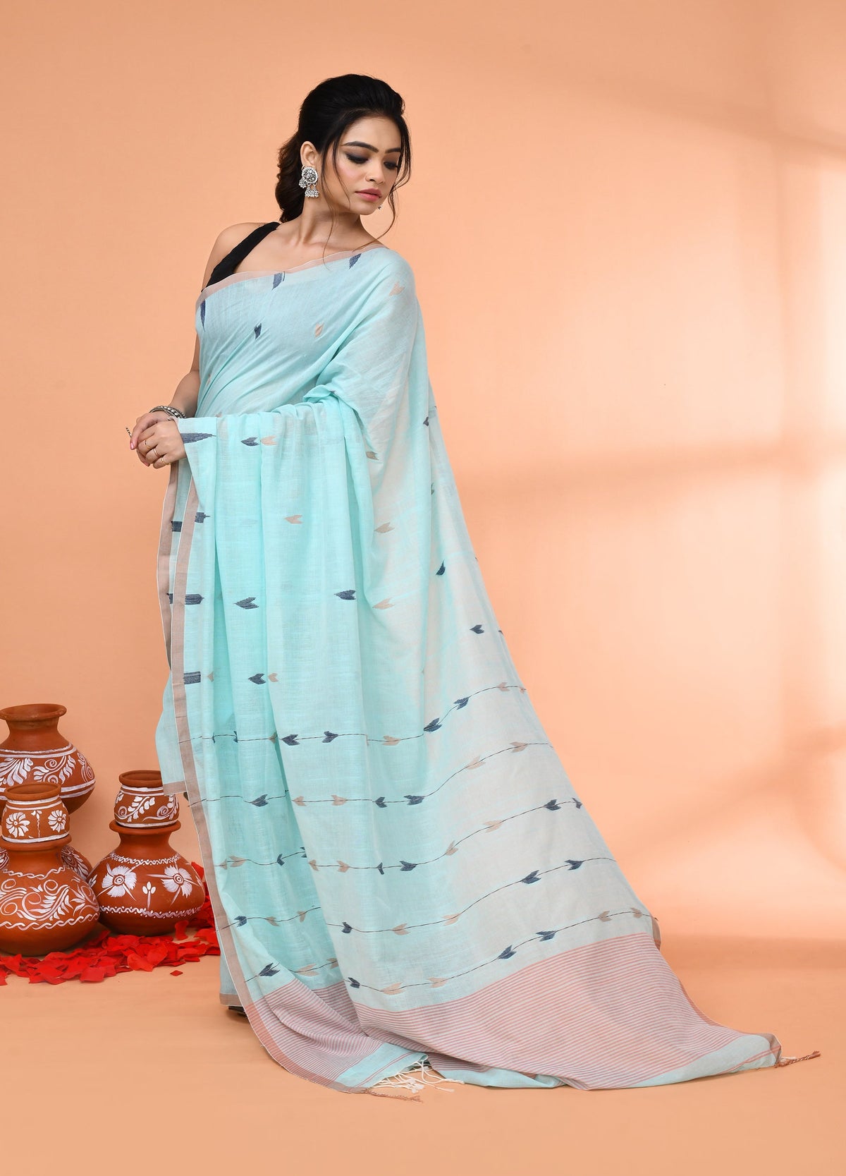 Piyari Fashion Women`s Light Sky Blue Cotton Handloom Jamdani Saree With Blouse | Grocsy