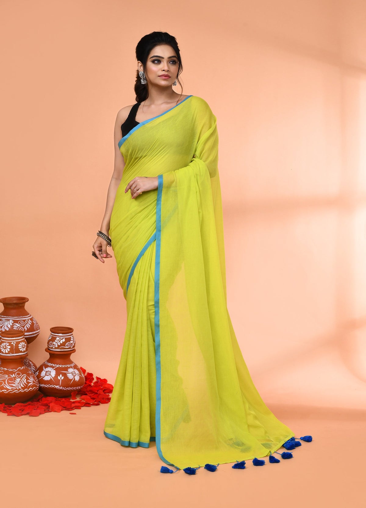 Piyari Fashion Lemon Green Mulmul Cotton Saree With Tassels | Grocsy