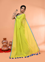 Piyari Fashion Lemon Green Mulmul Cotton Saree With Tassels | Grocsy