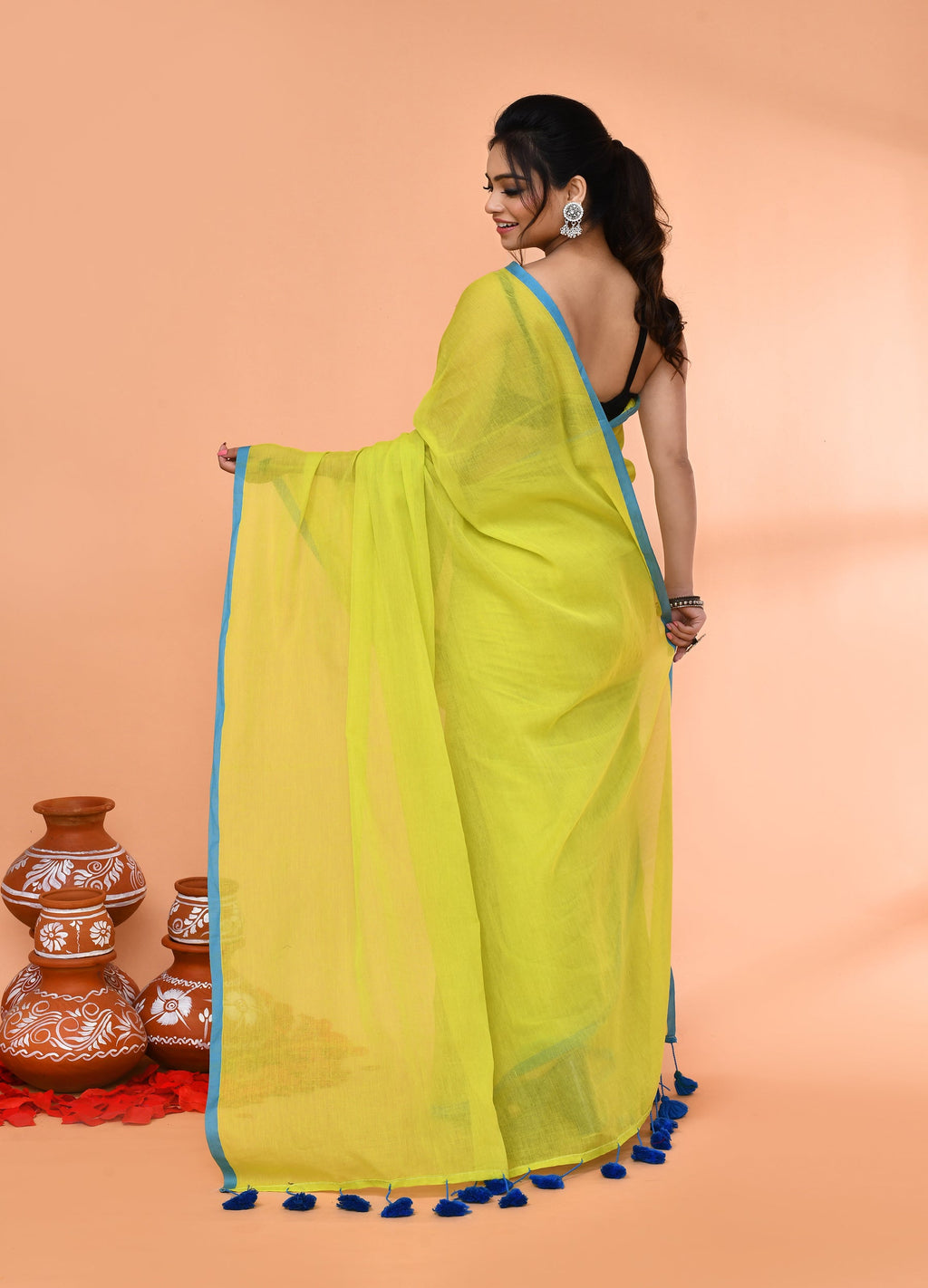 Piyari Fashion Lemon Green Mulmul Cotton Saree With Tassels | Grocsy