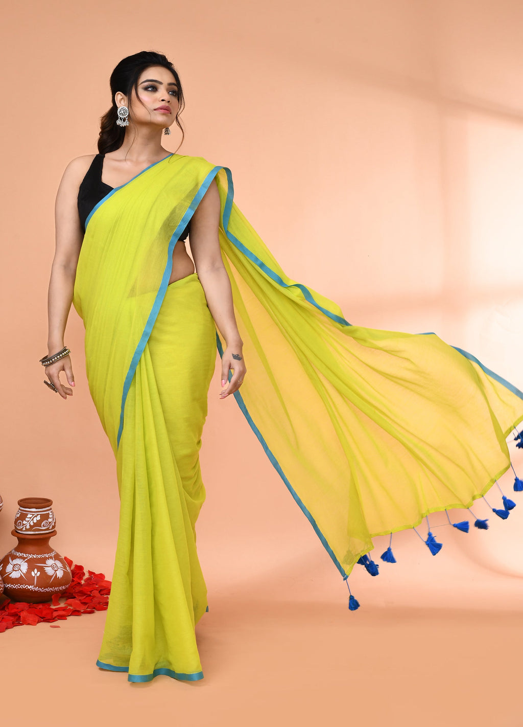 Piyari Fashion Lemon Green Mulmul Cotton Saree With Tassels | Grocsy