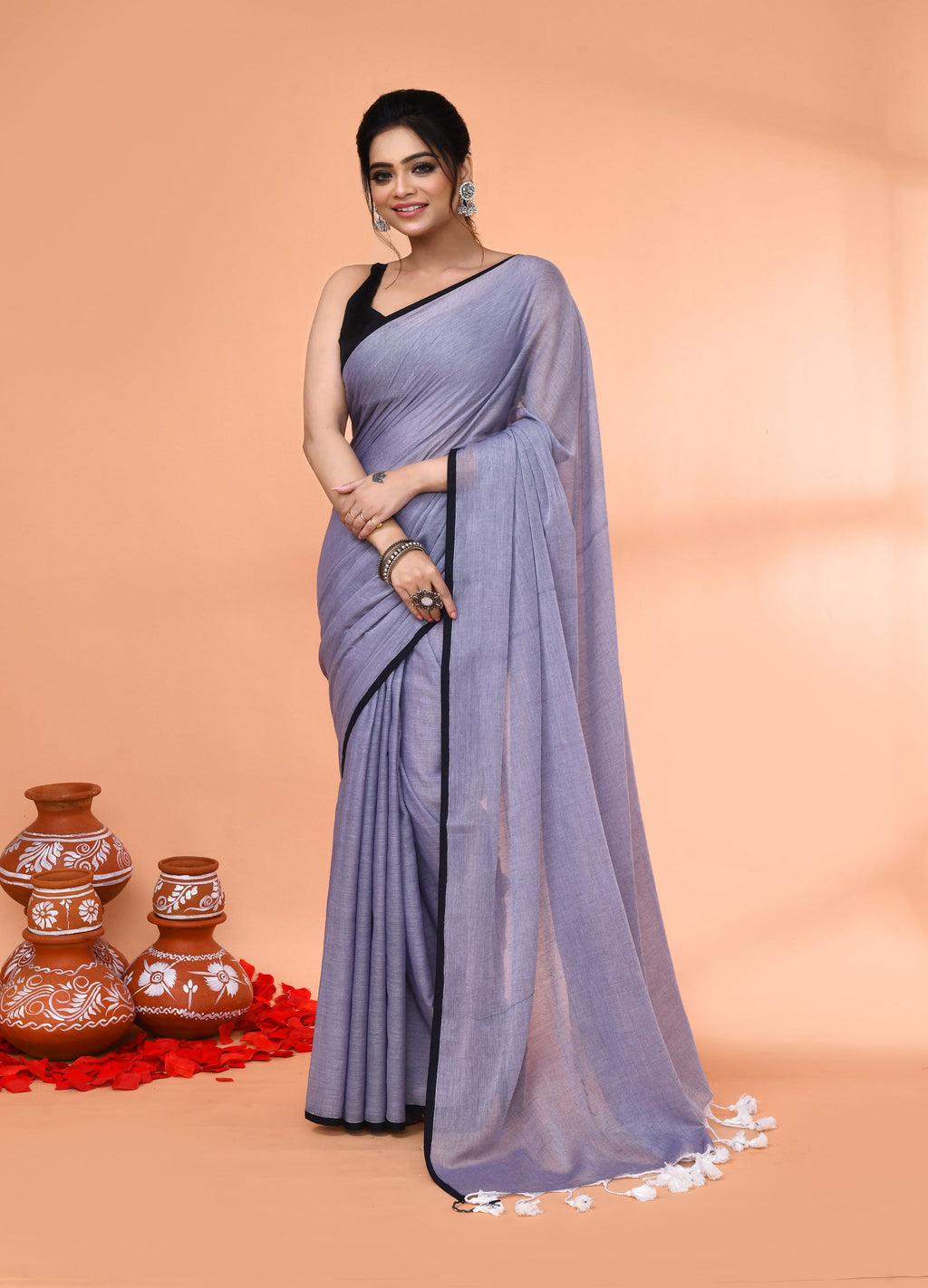 Piyari Fashion Grey Mulmul Cotton Saree With Tassels | Grocsy
