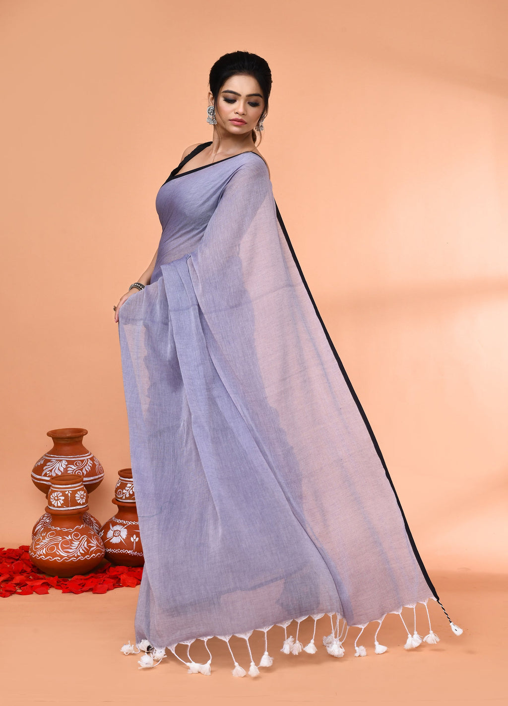 Piyari Fashion Grey Mulmul Cotton Saree With Tassels | Grocsy