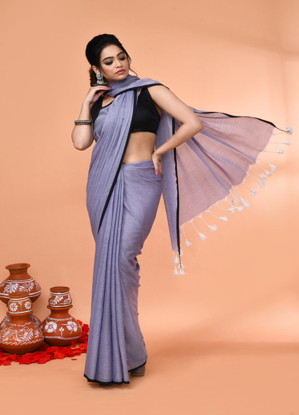 Piyari Fashion Grey Mulmul Cotton Saree With Tassels | Grocsy