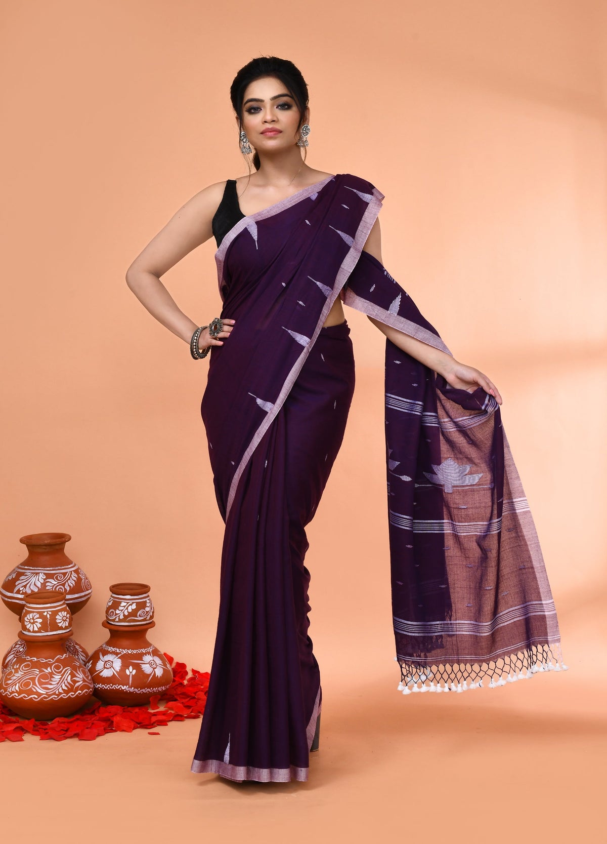 Piyari Fashion Women`s Purple Mul Cotton Handloom Jamdani Saree With Blouse | Grocsy