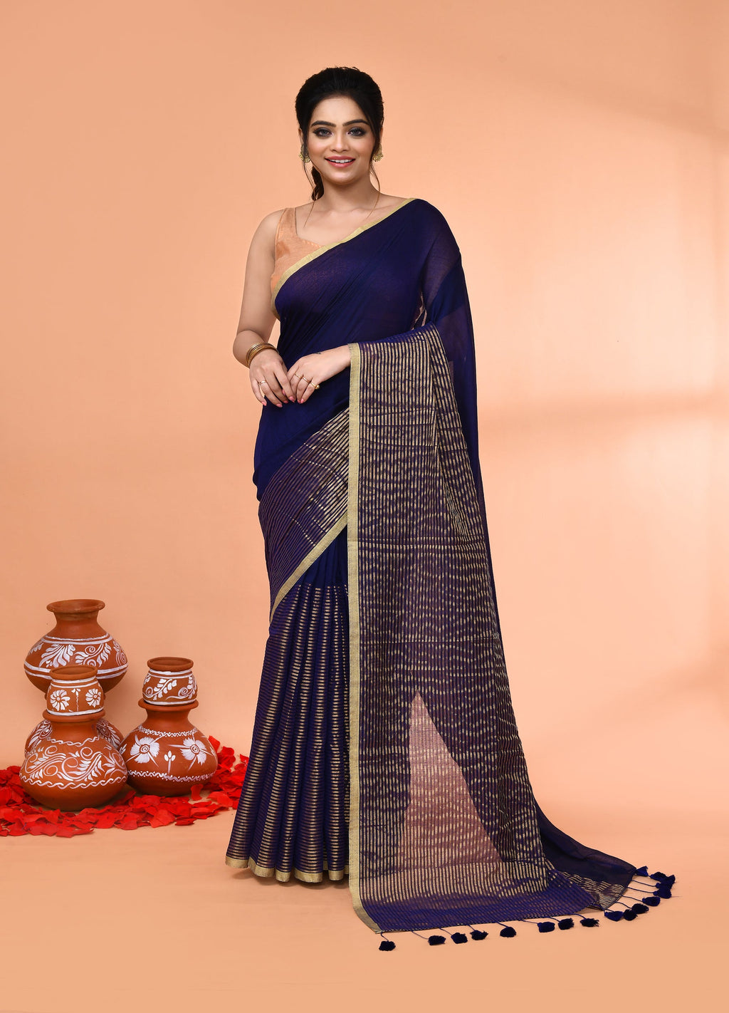 Piyari Fashion Women`s Blue Cotton Handloom Saree With Gold Zari Stripes | Grocsy
