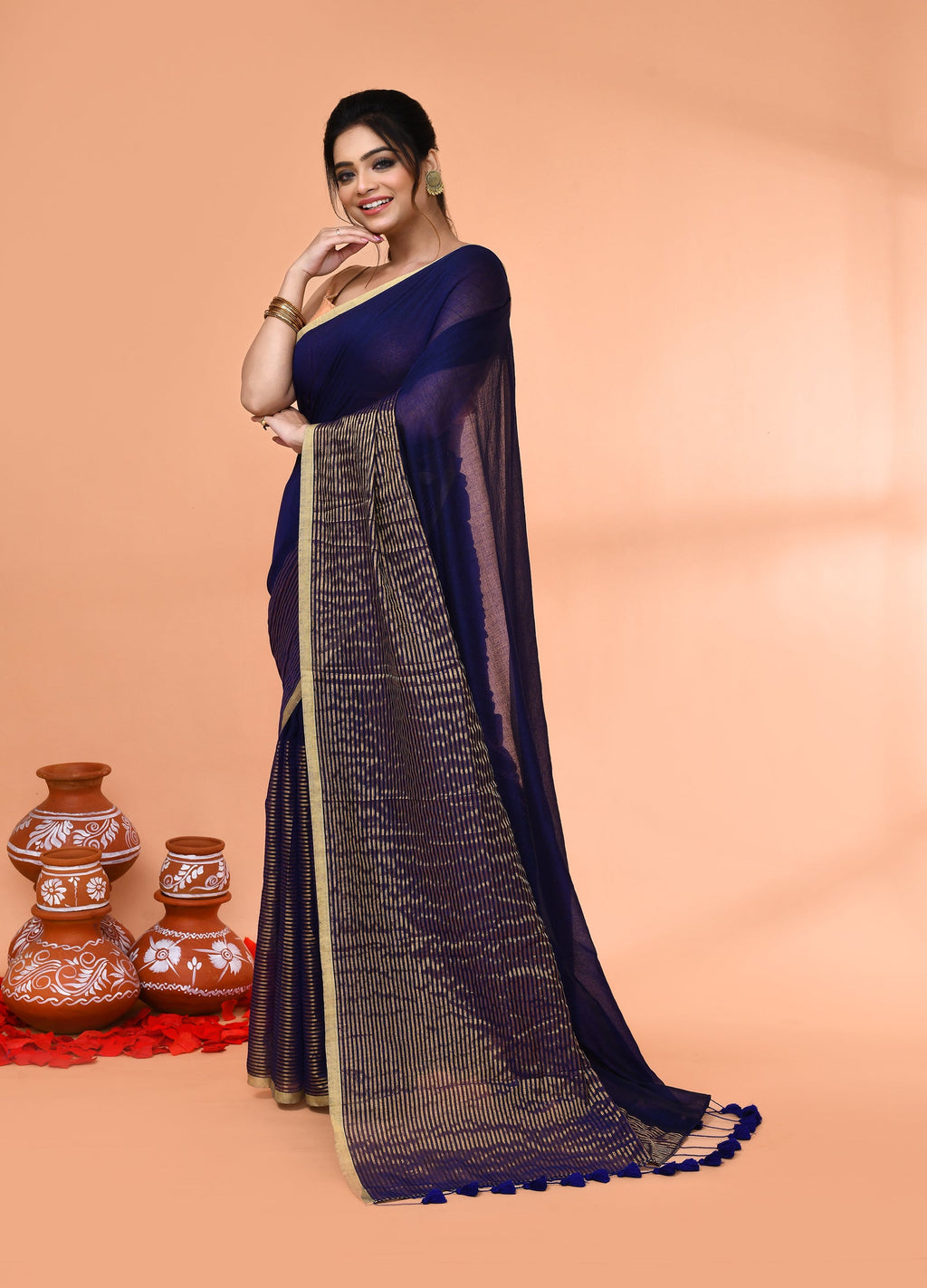 Piyari Fashion Women`s Blue Cotton Handloom Saree With Gold Zari Stripes | Grocsy