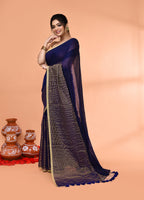 Piyari Fashion Women`s Blue Cotton Handloom Saree With Gold Zari Stripes | Grocsy