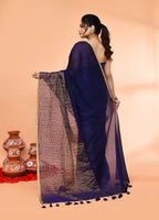 Piyari Fashion Women`s Blue Cotton Handloom Saree With Gold Zari Stripes | Grocsy