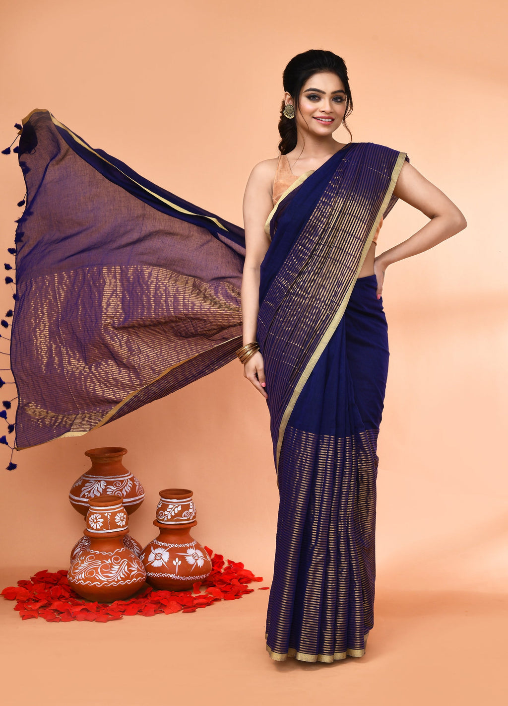 Piyari Fashion Women`s Blue Cotton Handloom Saree With Gold Zari Stripes | Grocsy