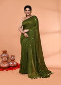 Piyari Fashion Women`s Cotton Handloom Moss Green Sequin Saree With Blouse | Grocsy