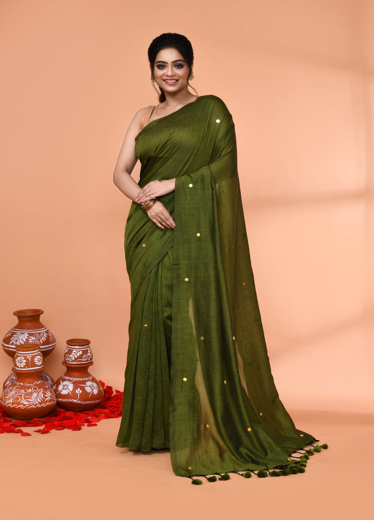 Piyari Fashion Women`s Cotton Handloom Moss Green Sequin Saree With Blouse | Grocsy