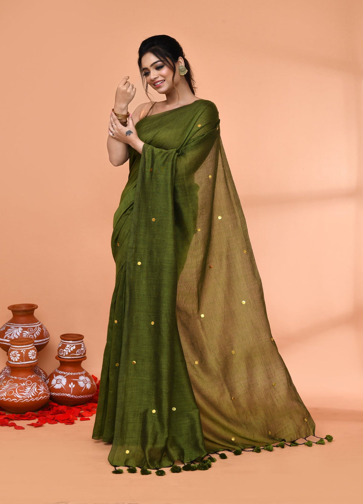 Piyari Fashion Women`s Cotton Handloom Moss Green Sequin Saree With Blouse | Grocsy