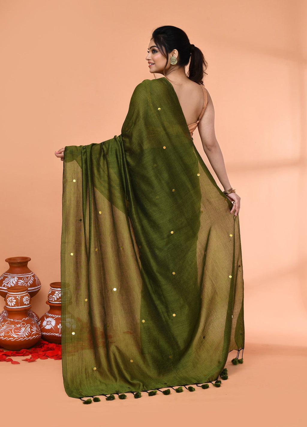 Piyari Fashion Women`s Cotton Handloom Moss Green Sequin Saree With Blouse | Grocsy