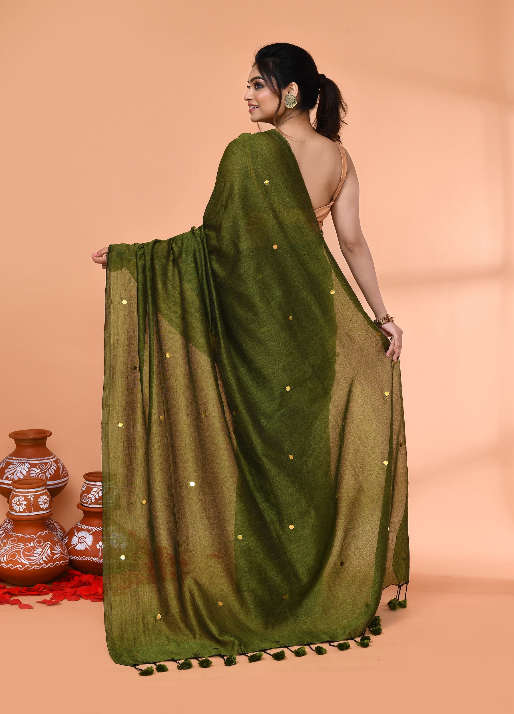 Piyari Fashion Women`s Cotton Handloom Moss Green Sequin Saree With Blouse | Grocsy