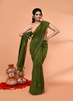 Piyari Fashion Women`s Cotton Handloom Moss Green Sequin Saree With Blouse | Grocsy