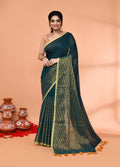 Piyari Fashion Women`s Teal Cotton Handloom Saree With Gold Zari Stripes | Grocsy