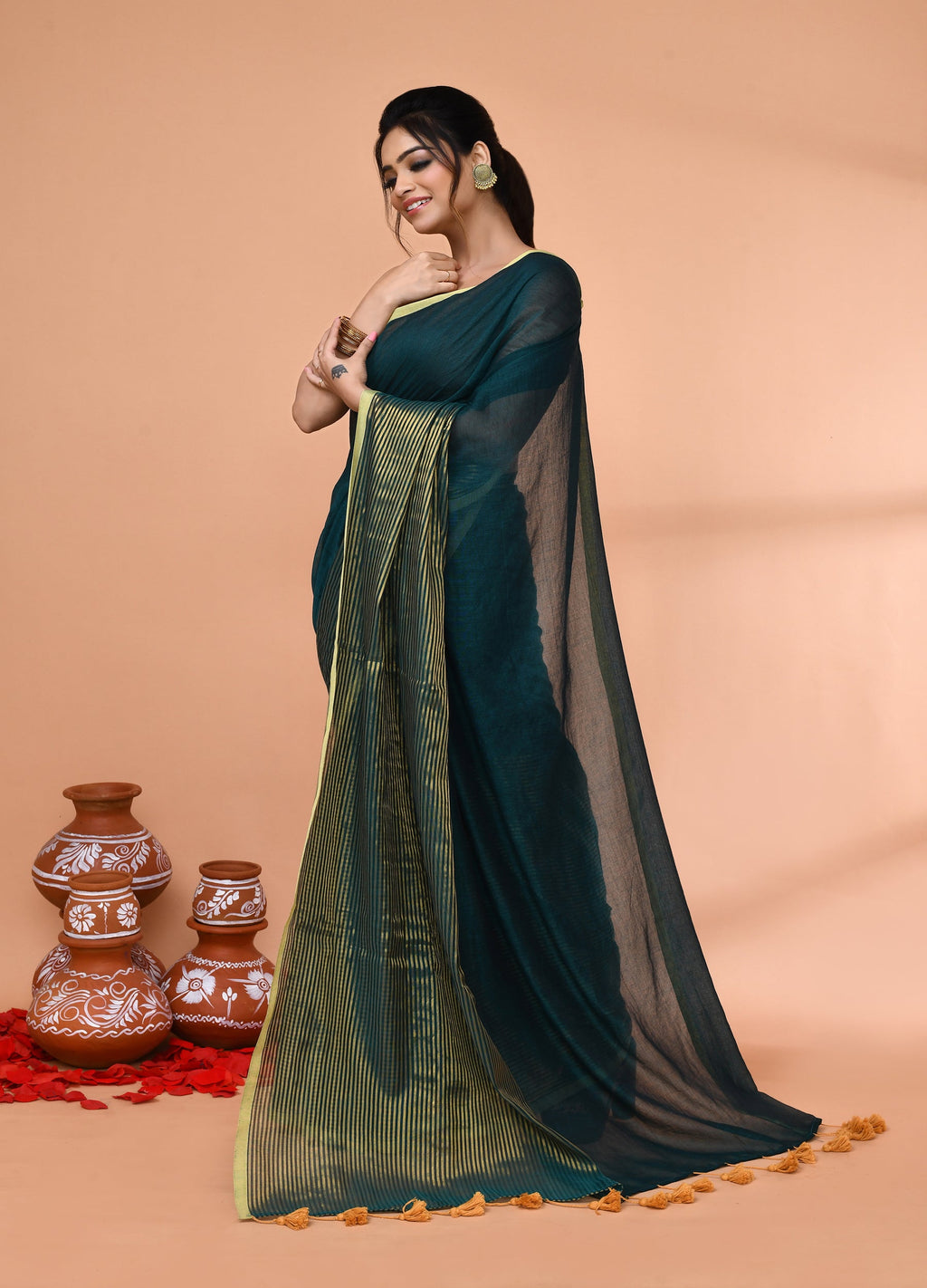 Piyari Fashion Women`s Teal Cotton Handloom Saree With Gold Zari Stripes | Grocsy