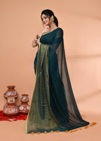 Piyari Fashion Women`s Teal Cotton Handloom Saree With Gold Zari Stripes | Grocsy