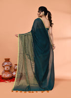 Piyari Fashion Women`s Teal Cotton Handloom Saree With Gold Zari Stripes | Grocsy