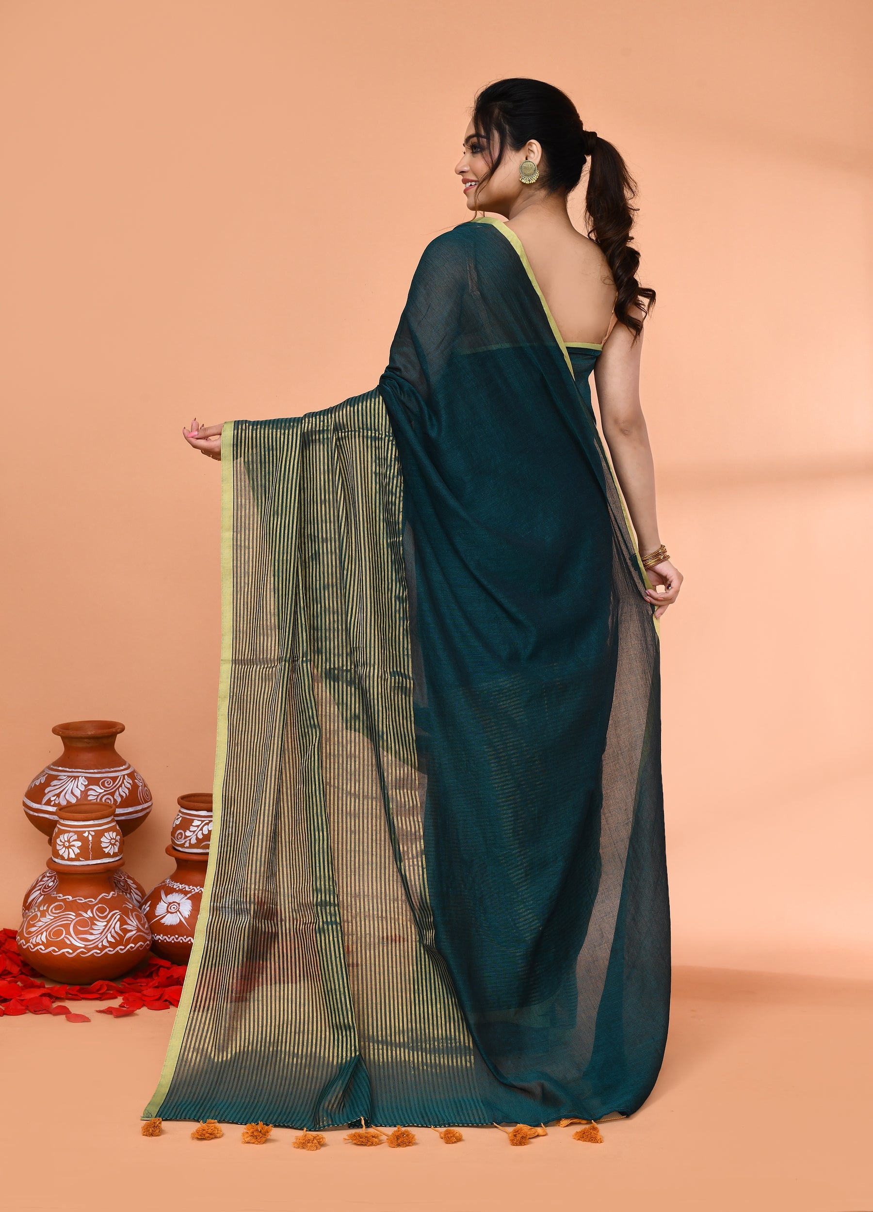 Piyari Fashion Women`s Teal Cotton Handloom Saree With Gold Zari Stripes | Grocsy