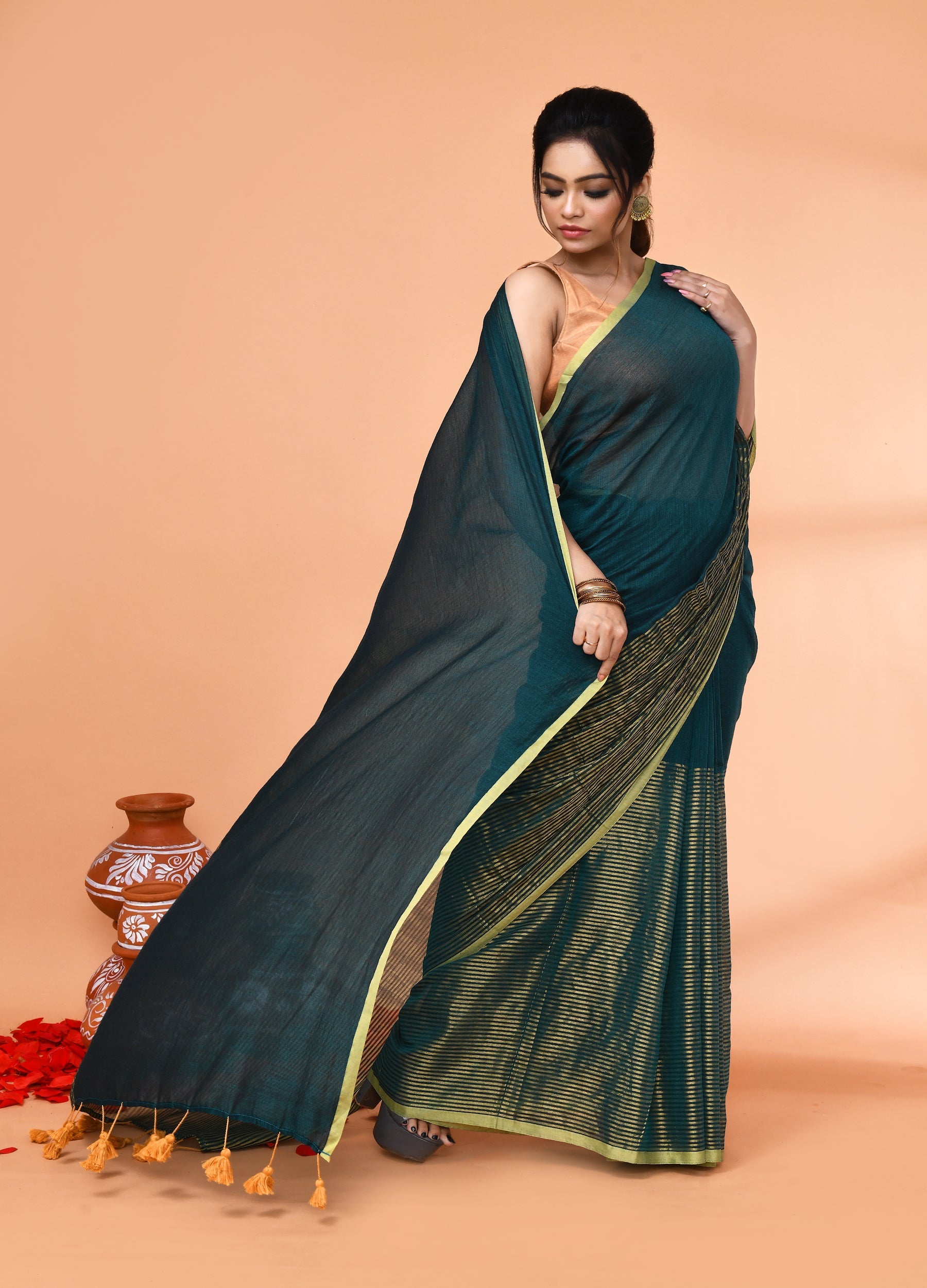 Piyari Fashion Women`s Teal Cotton Handloom Saree With Gold Zari Stripes | Grocsy