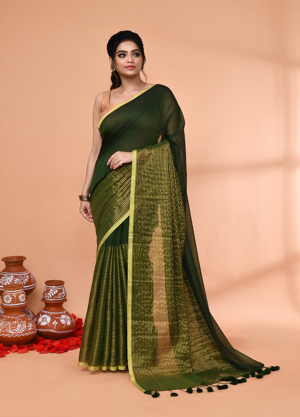 Piyari Fashion Women`s Dark Green Cotton Handloom Saree With Gold Zari Stripes | Grocsy