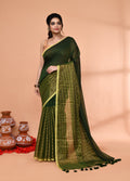 Piyari Fashion Women`s Dark Green Cotton Handloom Saree With Gold Zari Stripes | Grocsy