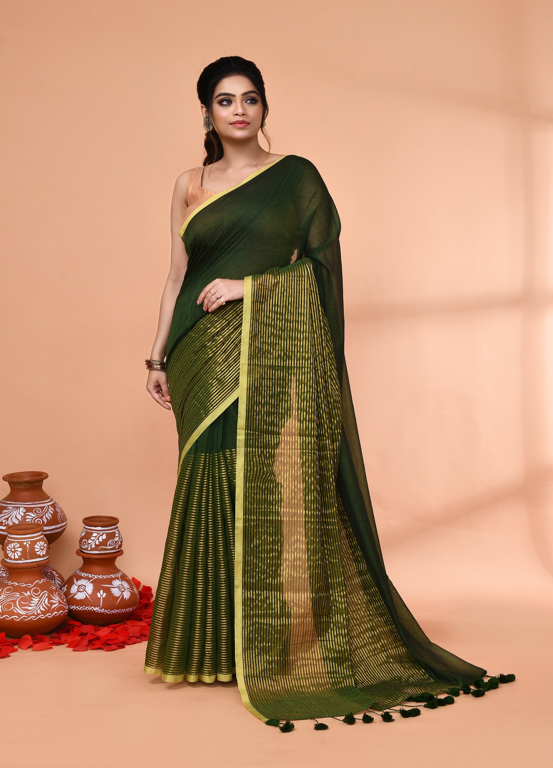 Piyari Fashion Women`s Dark Green Cotton Handloom Saree With Gold Zari Stripes | Grocsy