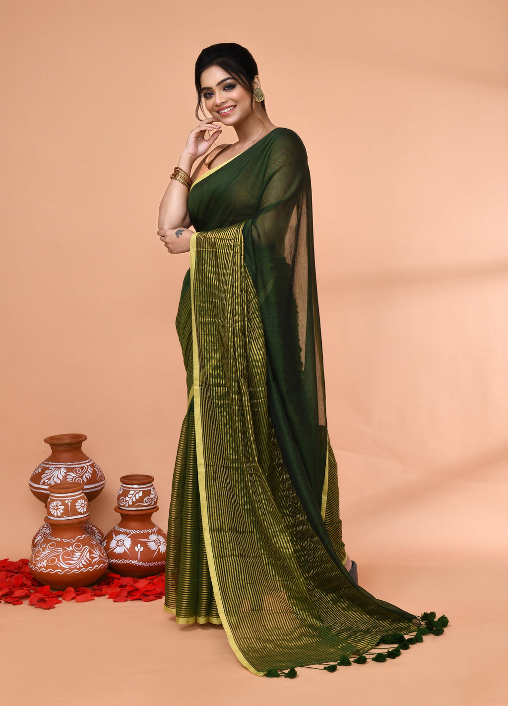 Piyari Fashion Women`s Dark Green Cotton Handloom Saree With Gold Zari Stripes | Grocsy