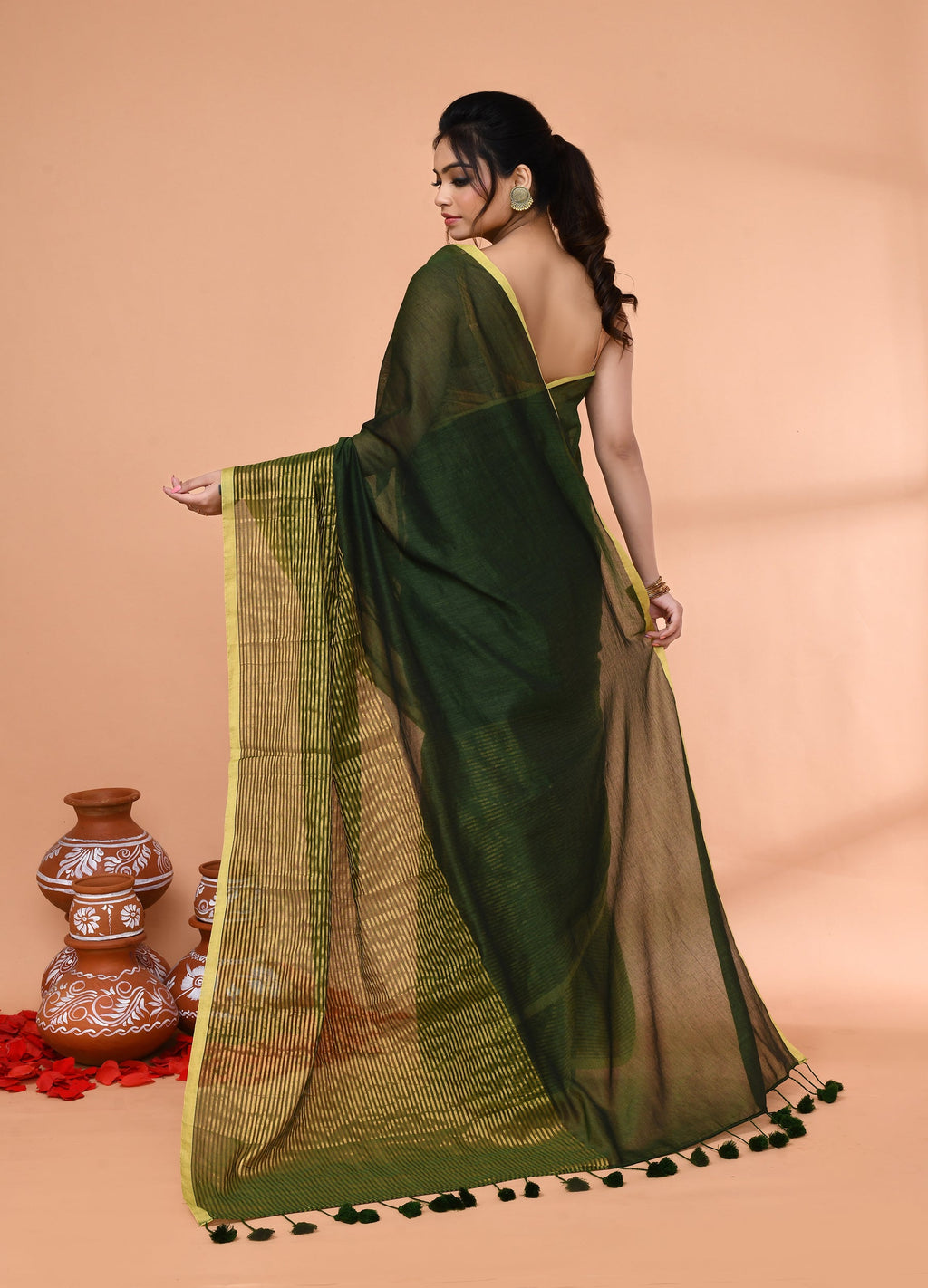 Piyari Fashion Women`s Dark Green Cotton Handloom Saree With Gold Zari Stripes | Grocsy