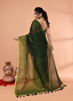 Piyari Fashion Women`s Dark Green Cotton Handloom Saree With Gold Zari Stripes | Grocsy