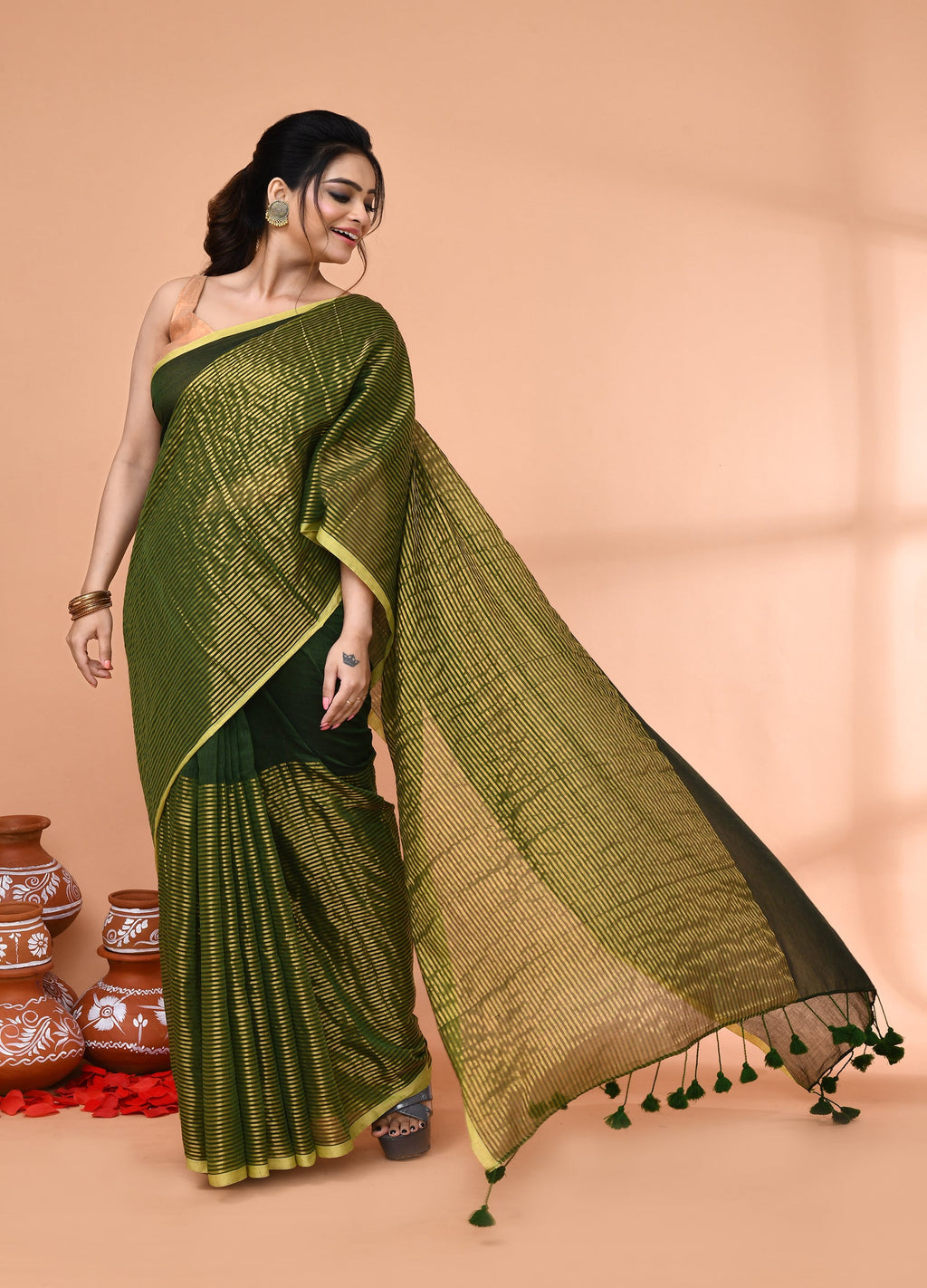 Piyari Fashion Women`s Dark Green Cotton Handloom Saree With Gold Zari Stripes | Grocsy