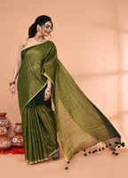 Piyari Fashion Women`s Dark Green Cotton Handloom Saree With Gold Zari Stripes | Grocsy