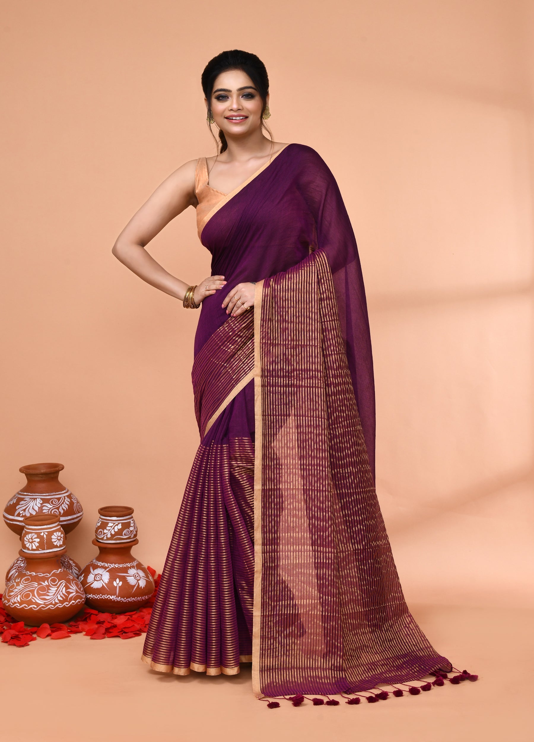 Piyari Fashion Women`s Magenta Cotton Handloom Saree With Gold Zari Stripes | Grocsy