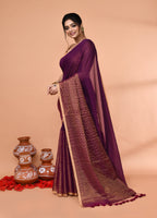 Piyari Fashion Women`s Magenta Cotton Handloom Saree With Gold Zari Stripes | Grocsy