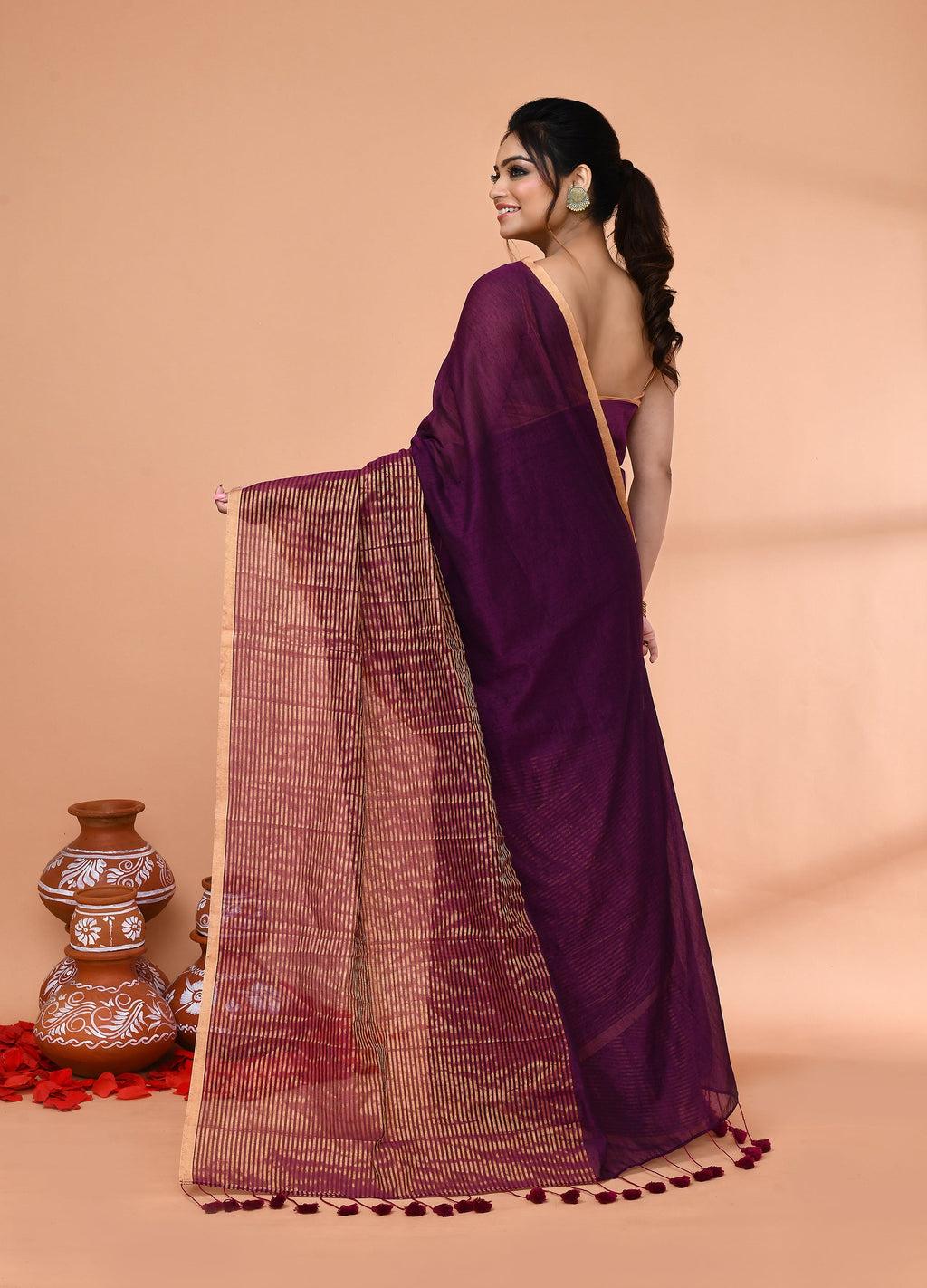 Piyari Fashion Women`s Magenta Cotton Handloom Saree With Gold Zari Stripes | Grocsy