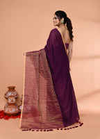 Piyari Fashion Women`s Magenta Cotton Handloom Saree With Gold Zari Stripes | Grocsy