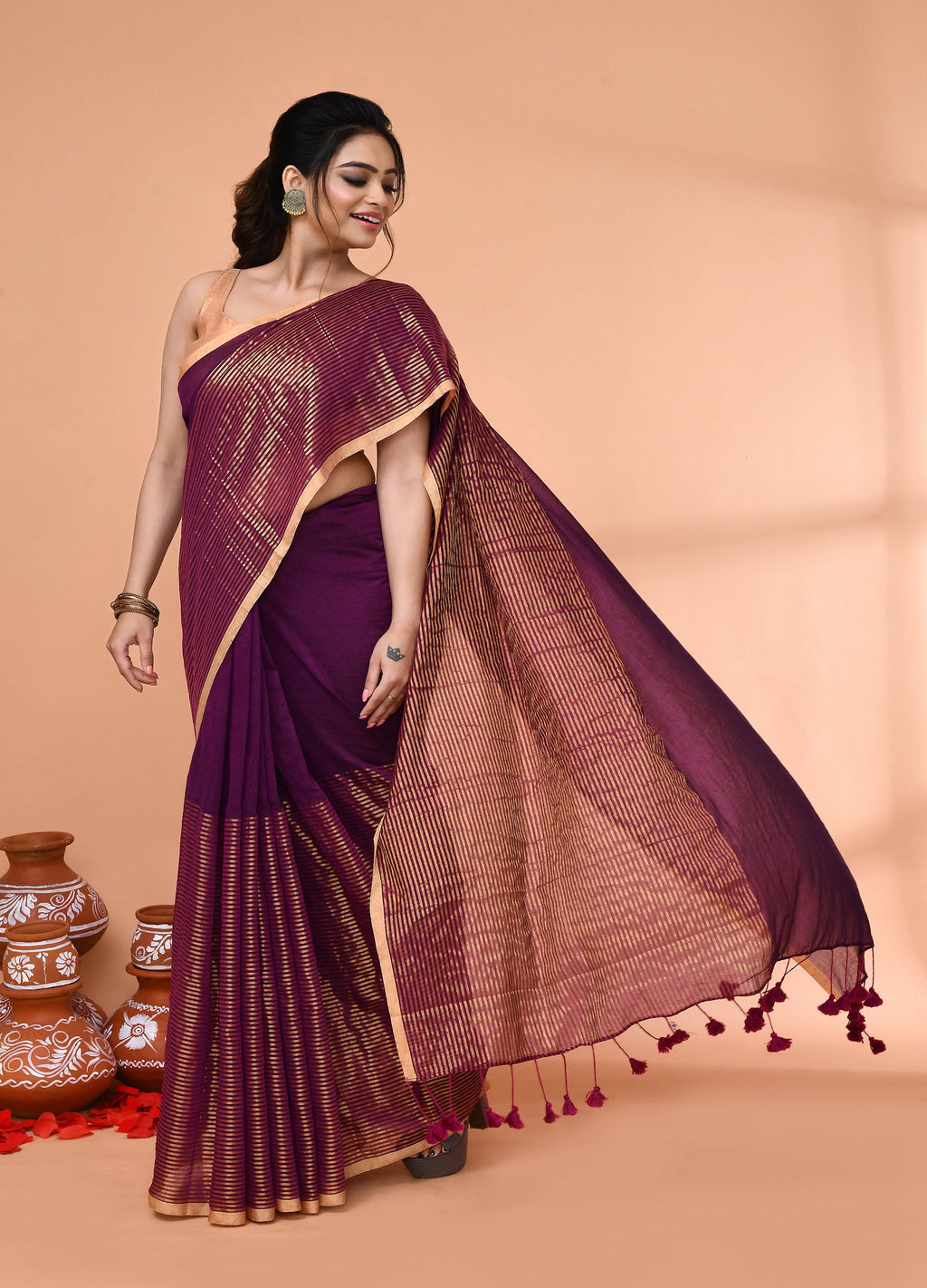 Piyari Fashion Women`s Magenta Cotton Handloom Saree With Gold Zari Stripes | Grocsy