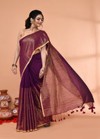 Piyari Fashion Women`s Magenta Cotton Handloom Saree With Gold Zari Stripes | Grocsy